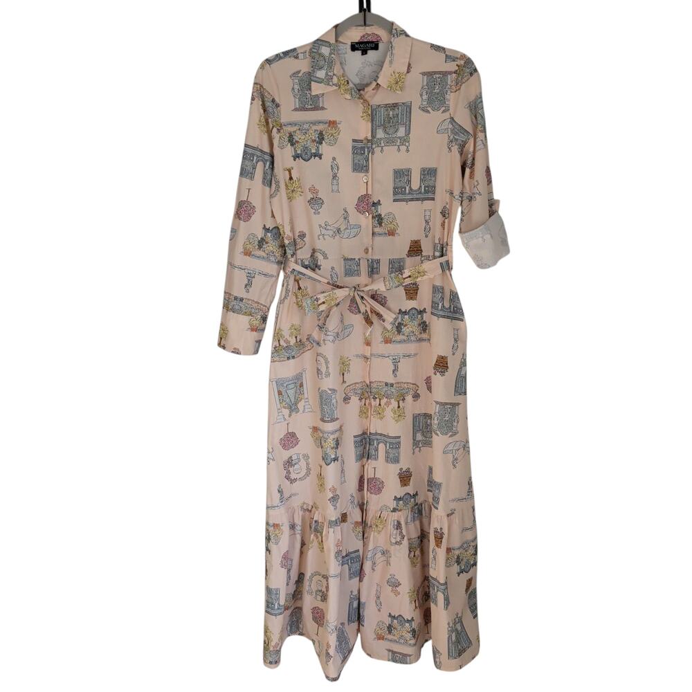 Magari Italy Women's Sz L Peach All Over Print Maxi Shirt Dress Roll Tab Belted